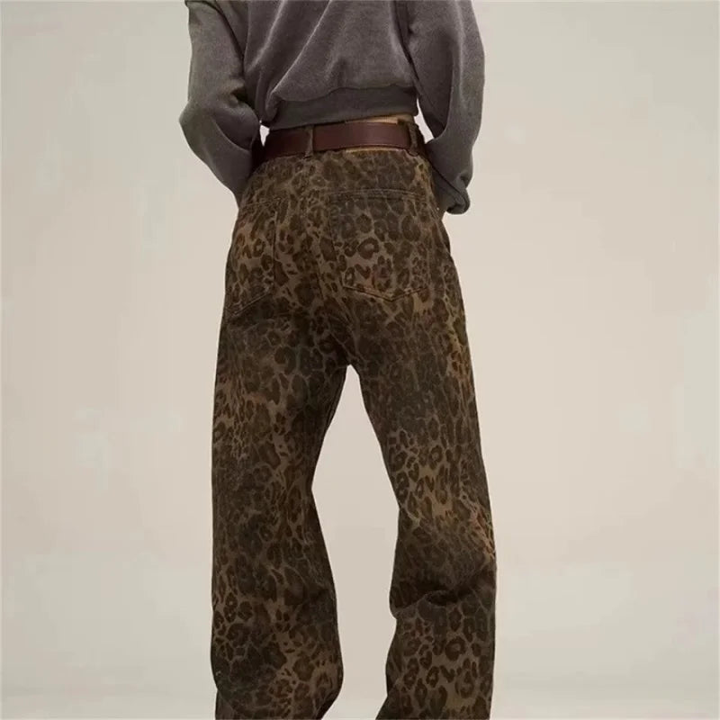 Tan Leopard Wide Leg Streetwear Jeans
