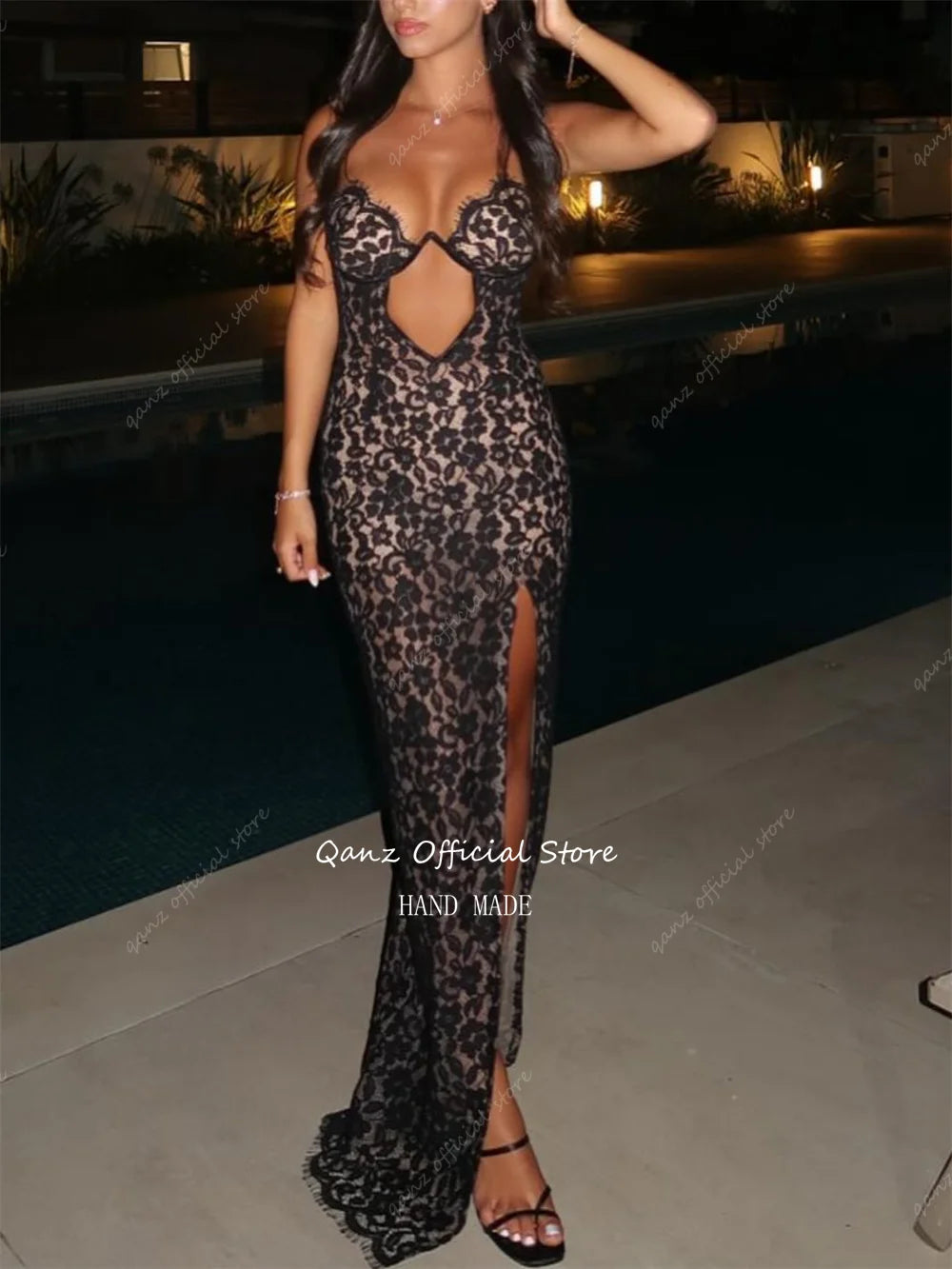Qanz Black Chic Lace Appliques Prom Dresses Sweetheart Sexy High Leg Slit Evening Dress Women Vestidos De Gala Customized
