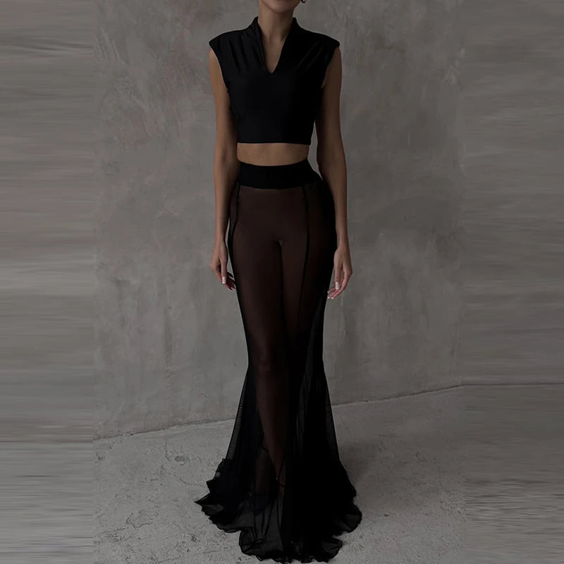 Ladies Fashion Solid Long Sleeve Blazer +Mermaid Skirts Suit 2025 Women Transparent Mesh Two Piece Set Elegant Banquet Outfits