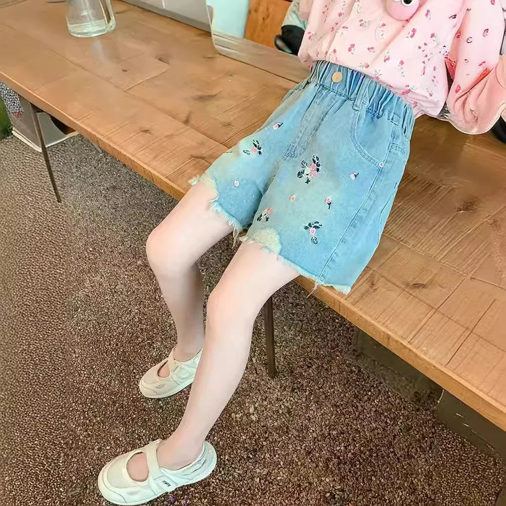 Girls' Cartoon Embroidered Denim Shorts