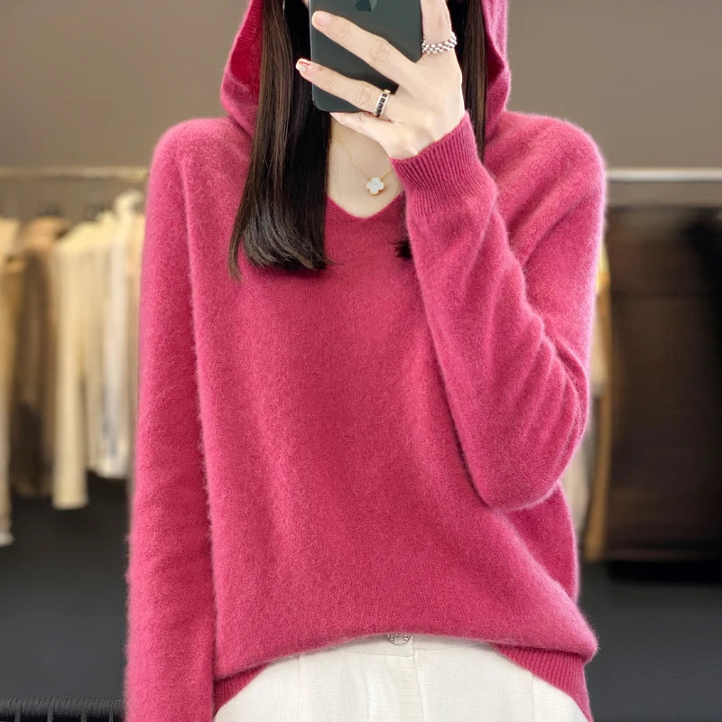 100% Merino Wool V-Neck Hoodie for Women