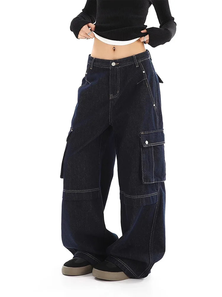 Retro Multi-pocket Jeans Women High Street Trend Denim Cargo Pants Baggy High-waisted Straight Wide-leg Denim Trousers