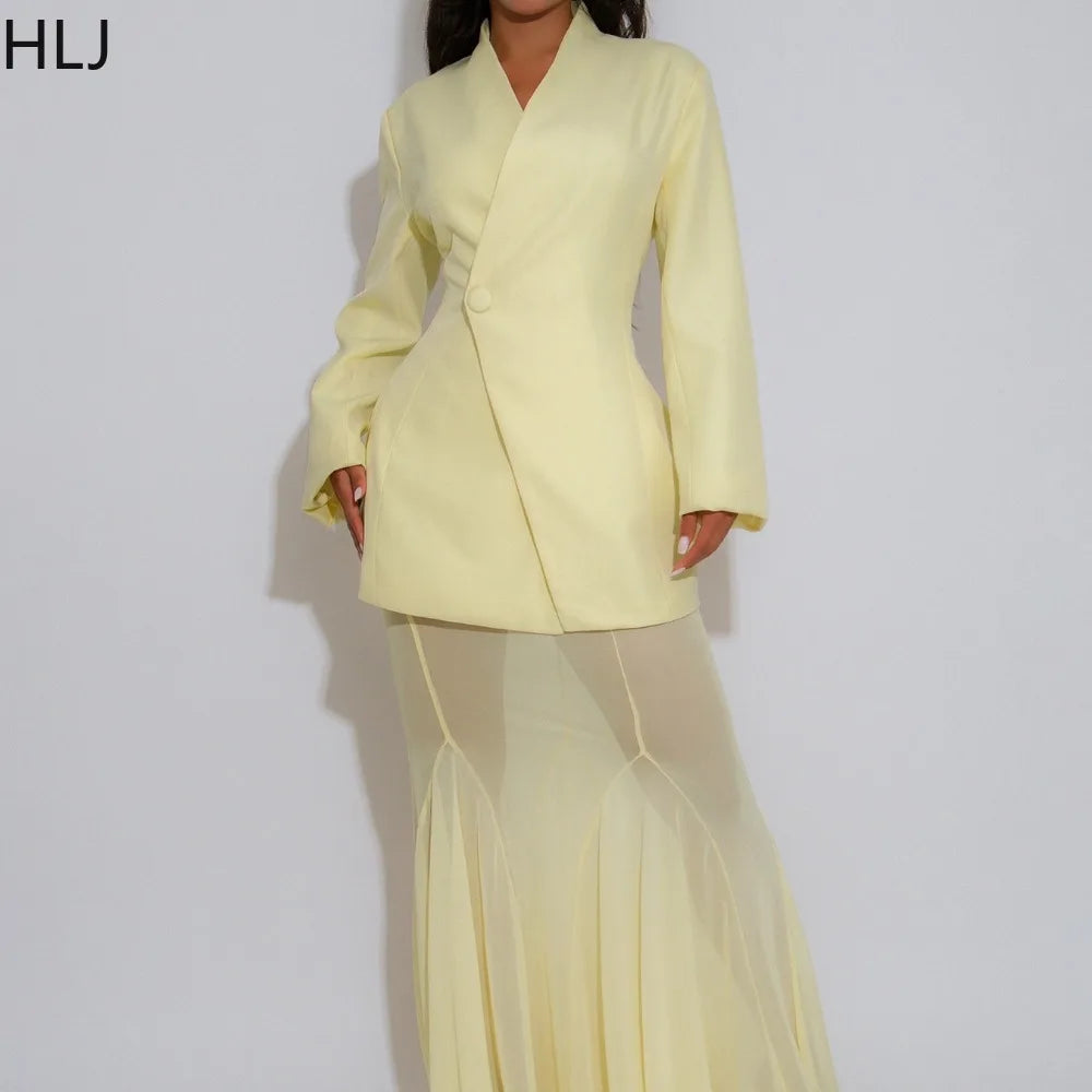 FAGADOER Autumn New Fashion Woman 2 Piece Set Outfit Solid Color Deep V-Neck Jacket and  + Mesh Skirt Matching Female Streetwear