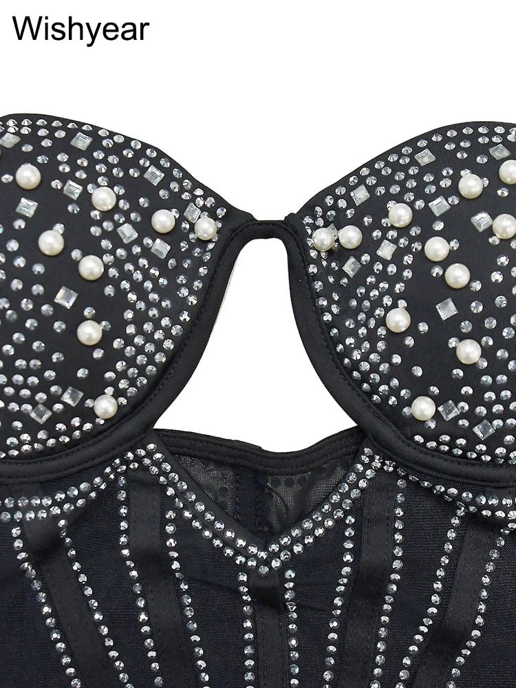 Elegant Evening Birthday Party Dresses for Women Halter Neck Mesh Patchwork Diamonds Rhinestones Prom Club Bodycon Midi Vestidos