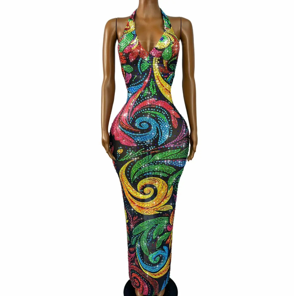 Xingyunhua Women Sparkly Multicolor Swirl Floral Rhinestone MeshDress