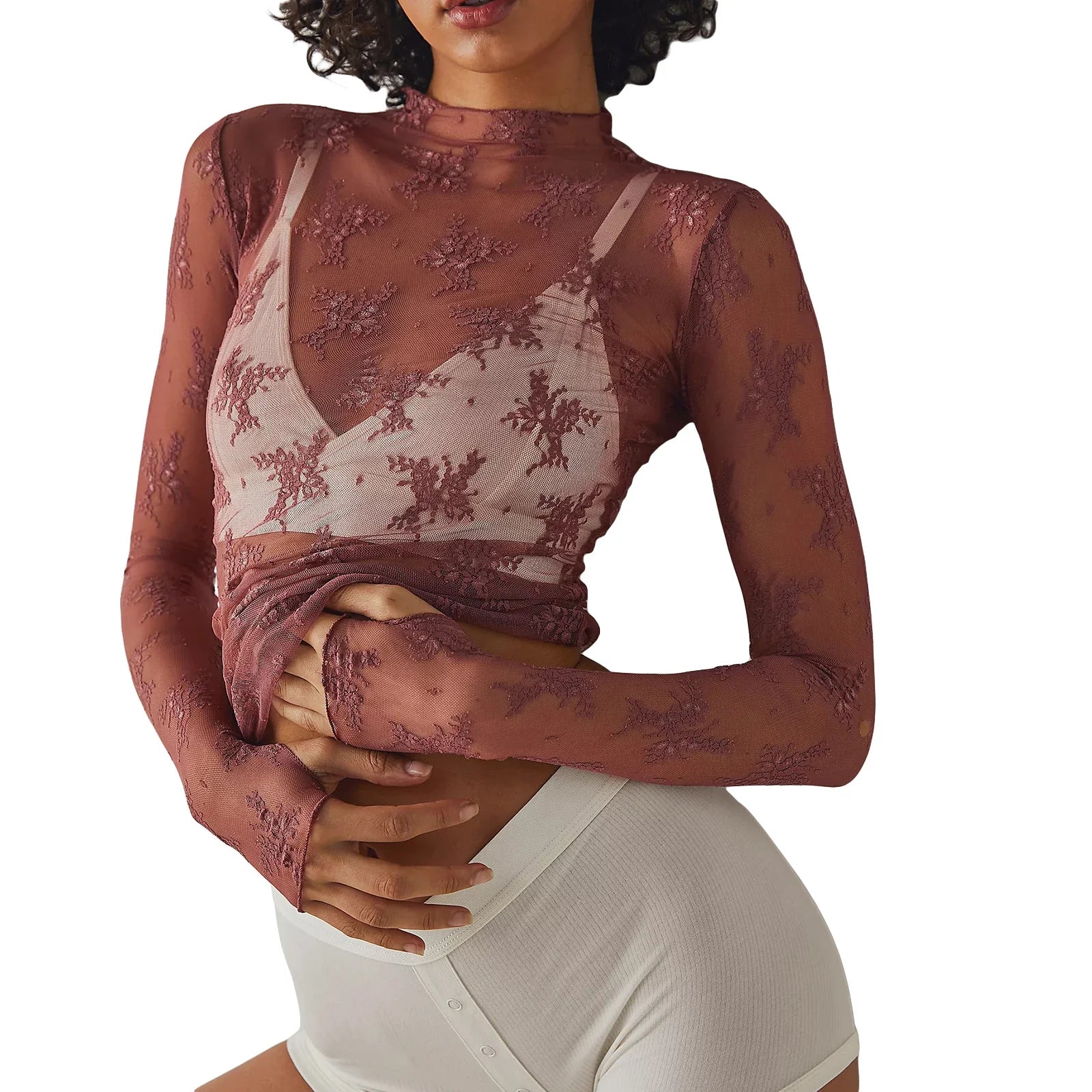 Sexy Sheer Mesh Long Sleeve Crop Top for Women Mock Neck Floral Lace Tshirt Fairy Coquette See Through Tees Blouse Cover-ups