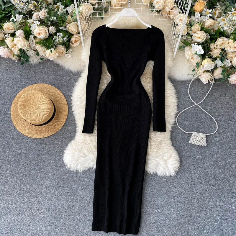 Dresses For Women 2026 Sexy Strapless Ribbed Knitted Bodycon Dress Women Winter Long Sleeve Midi Sweater Dress Clothes