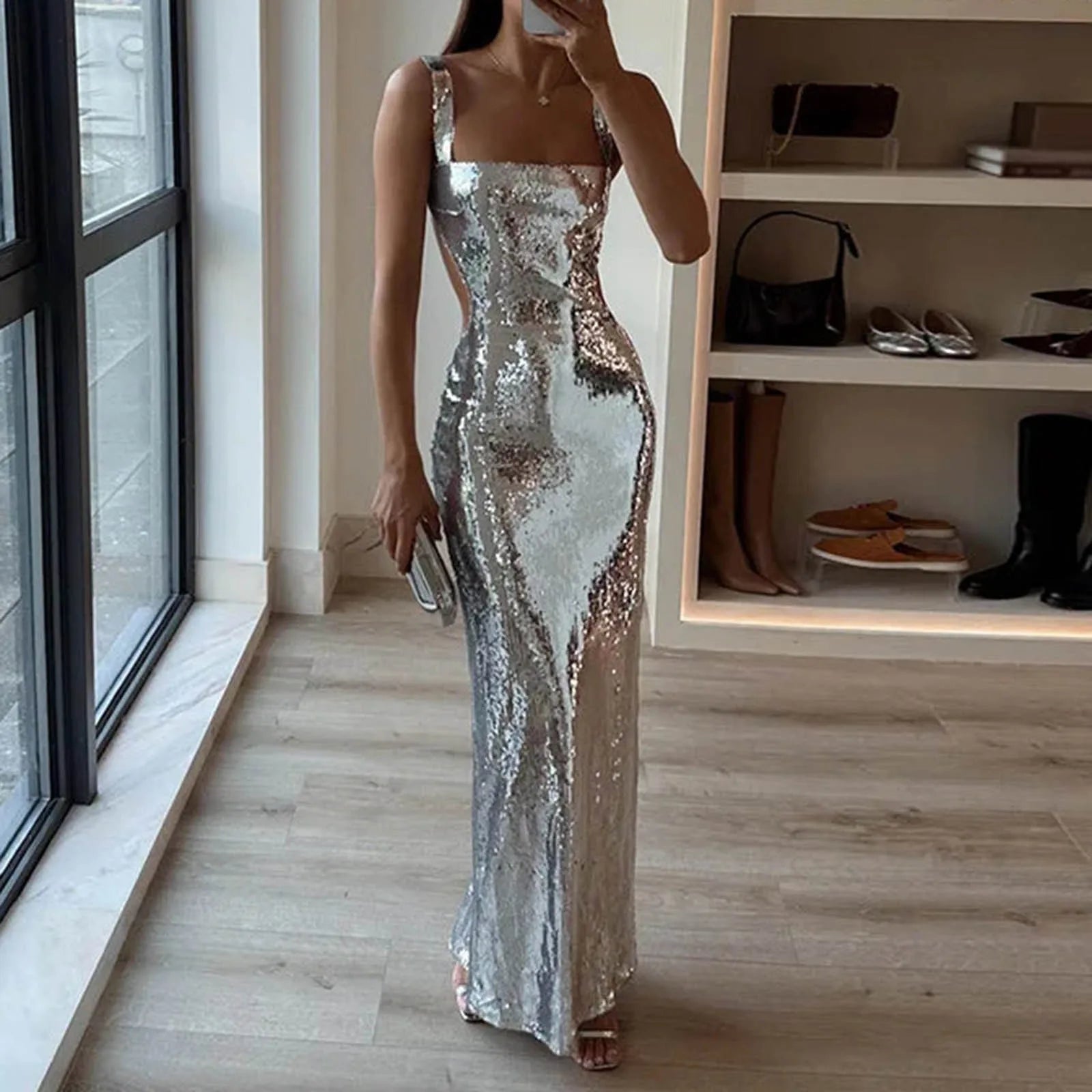 Sexy Spaghetti Strap Sequin Dresses Silver Glitter Backless Slim Fit Bodycon