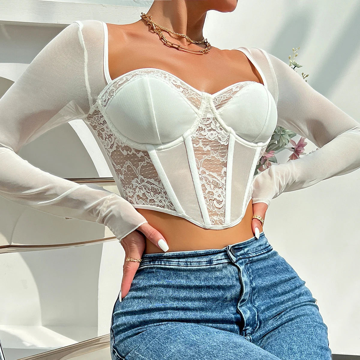 Chic Sexy V Neck Long Sleeve Mesh Crop Top, Women Black Backless Lace Embroidery Hollow Out Slim Comfortable Casual Wear Blouse