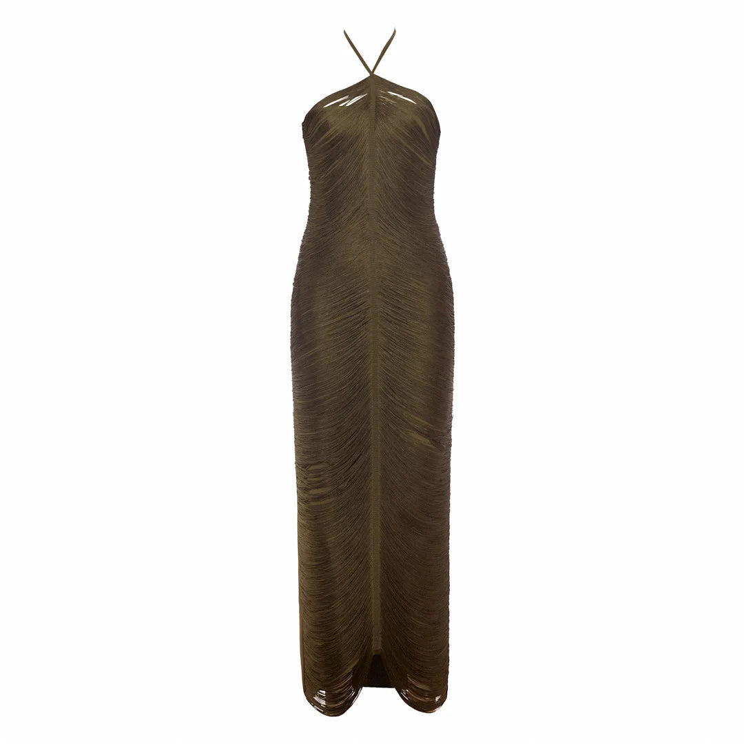 Elegant Bandage Dress Women Black Halterneck Tassel Sleeveless