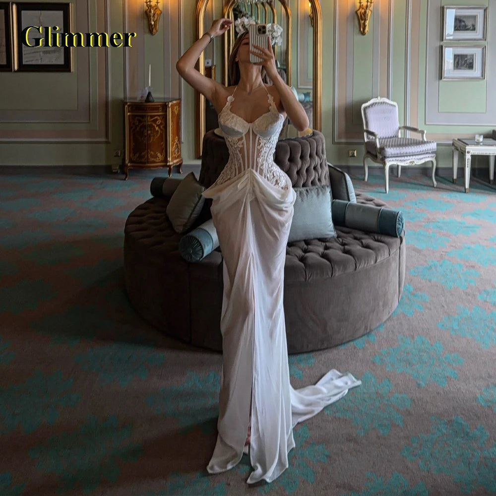 Glimmer Sexy lvory Chiffon Evening Dress Appliques Mermaid Illusion