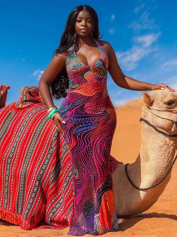 Kliou Colorful Print Long Dress Woman Halter Low-Neck Backless Sleeveless Splits