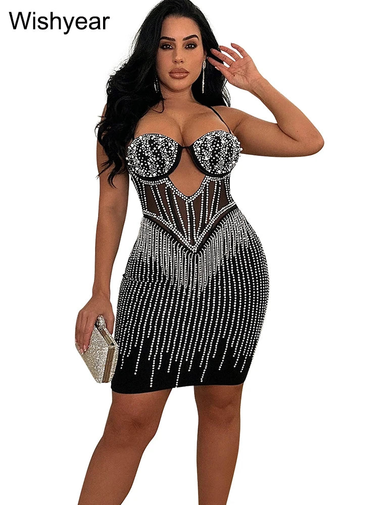 Elegant Evening Birthday Party Dresses for Women Halter Neck Mesh Patchwork Diamonds Rhinestones Prom Club Bodycon Midi Vestidos