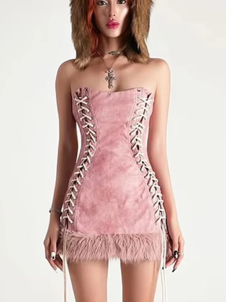 Sisterlinda Peach Hip Strapless Dress Women Shirring Feather