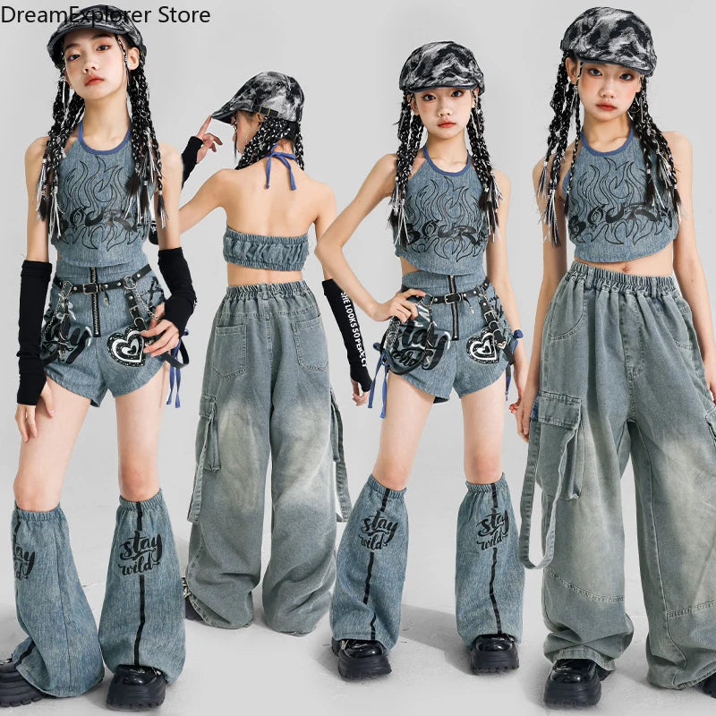 K-pop Girls' Denim Crop Top & Cargo Jeans Set