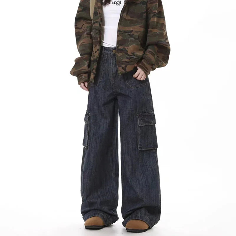 Korean Retro Men'S Loose Wide Leg Jeans High Street Straight Leg Pants Casual Jeans Multi Pocket Work Pants