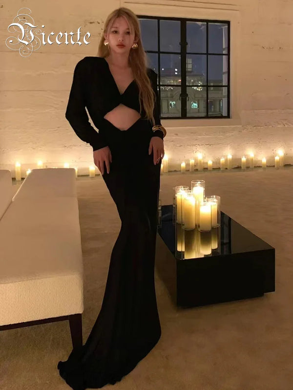 VC Birthday Party Dresses For Women Special Events Sexy V Neck Waist Hollow Out Design Long Sleeves Black Gowns