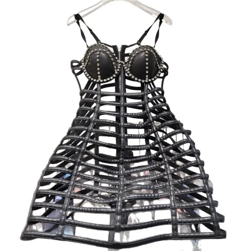 HKSH Women Ins Sexy PU Leather Dress Strap Studded Diamonds
