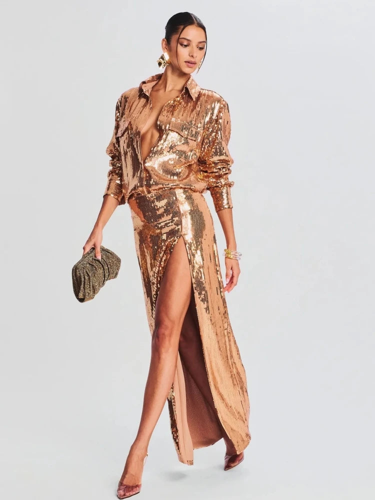 Autumn Women Sequins Two Piece Set Sexy Gold Long Sleeve