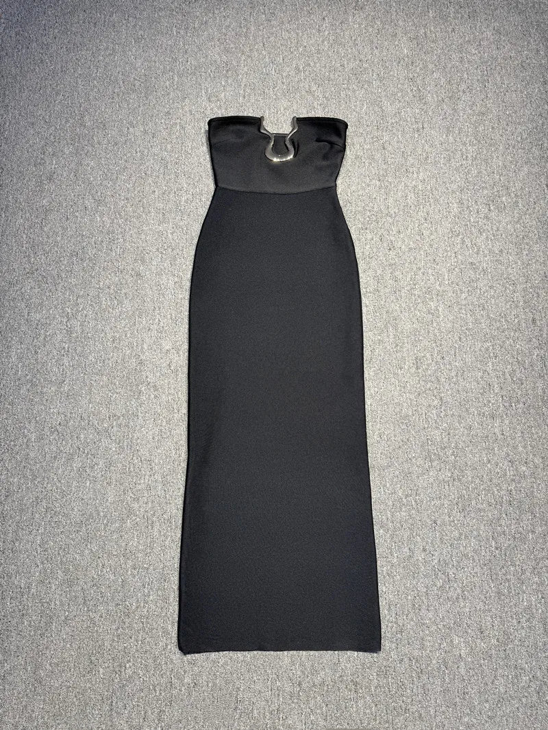 Elegant Strapless Black Long Bandage Dress