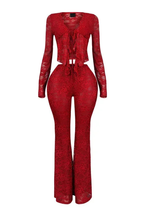 2025 Women's Set Long Sleeve Lace See Through Shirt + Long Pants Street Evening Sexy Two 2Piece Sets Outfits Tracksuit
