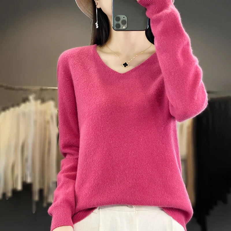 100% Merino Wool V-Neck Sweater for Women