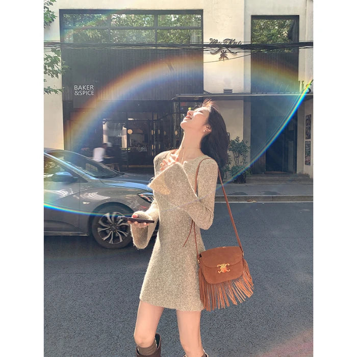 Knitting Sexy Dress for Women Slim Casual Flare Sleeve Gentle Hotsweet Warm Fashion Inner Clothing Autumn Winter Vestidos Soft