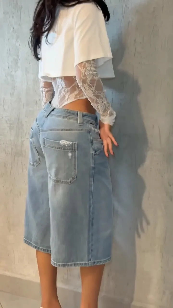 Lace T-shirt Top Jumpsuit Women O-neck Full Sleeve Irregular Fit Tops Summer Fashion Female Streetwear Fake Two Pieces