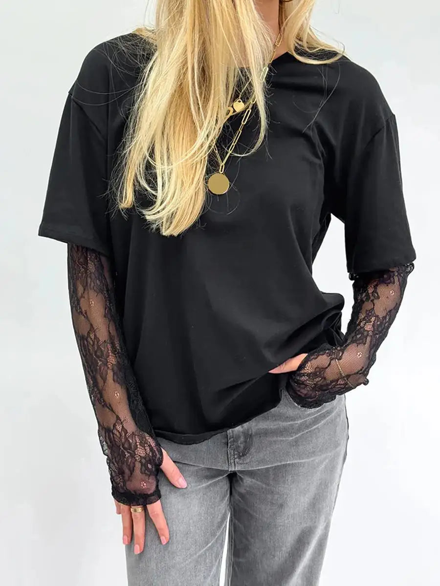 New Fashion Women Round Neck T-Shirts Lace Long Sleeve Casual Shirts Spring Fall Loose Fit Tops Streetwear S M L