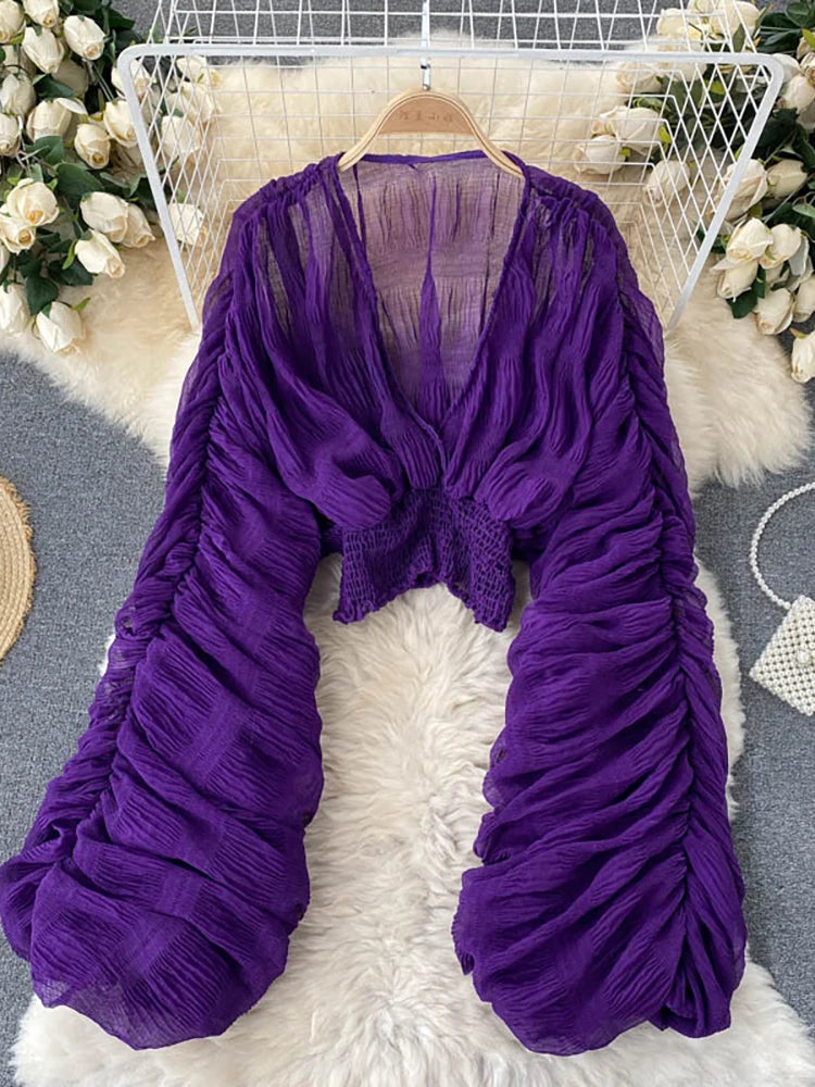 Summer Sexy Draped Chiffon Blouse For Women Elegant V-Neck