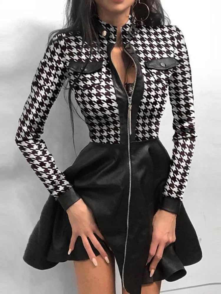 Faux Leather Dress Women Sexy Lace Mini Dress
