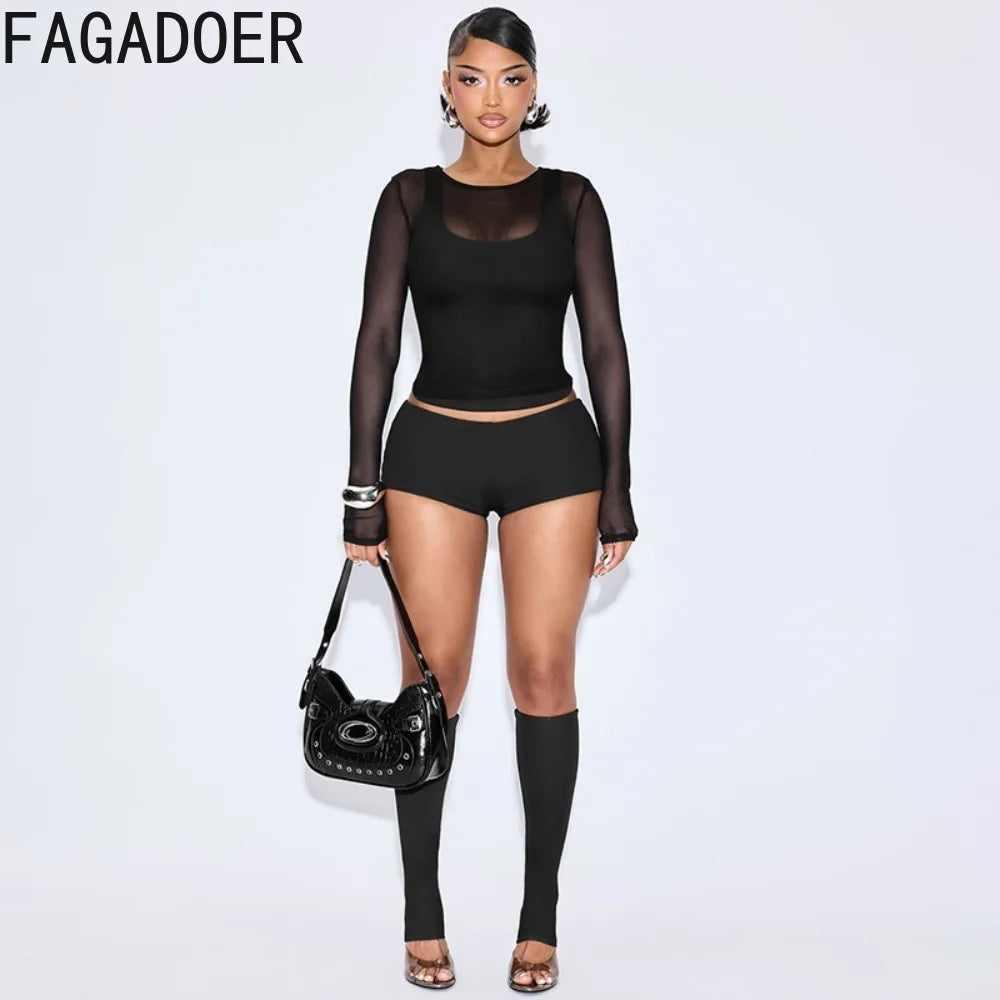 FAGADOER Sexy Mesh 4 Pieces Set for Woman Outfits Solid Color Long Sleeve Crop Top + Shorts Matching Female Streetwear Clothing