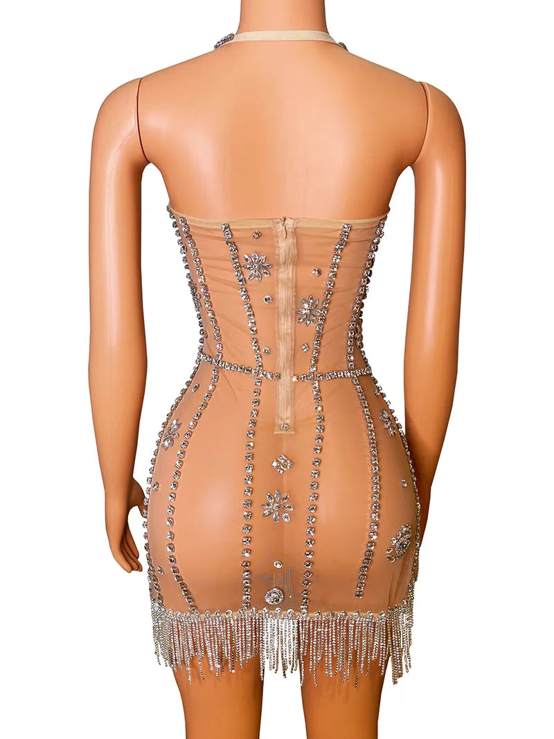 Women Sexy Transparent Rhinestones Bodysuit Sexy Tight Mesh Ruffles Performance Dancer Singer Costume Nightclub Stage Outfit