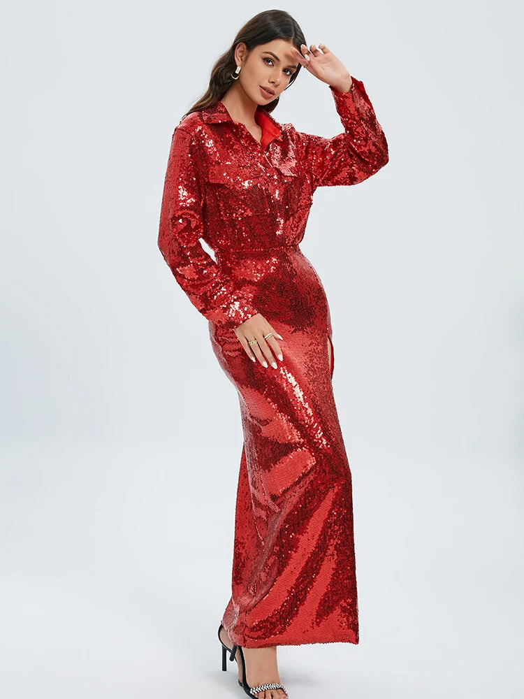 Autumn Women Sequins Two Piece Set Sexy Gold Long Sleeve