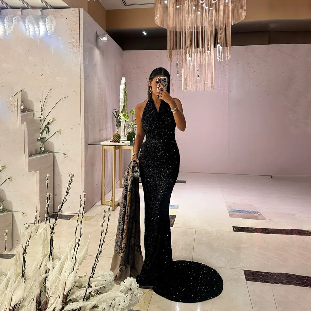 Luxury Evening Party Dress for Women Sexy Halter Neck Sequin Prom Gown Sleeveless Mermaid Long Formal Party Dress Customized