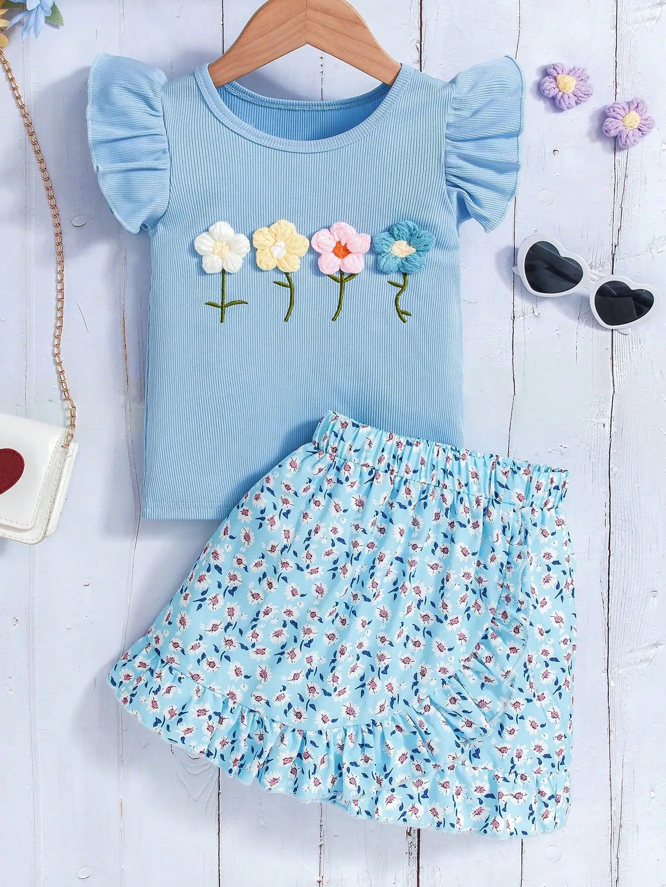 Girl's Blue 3D Floral Tee & Ruffled Skirt Set