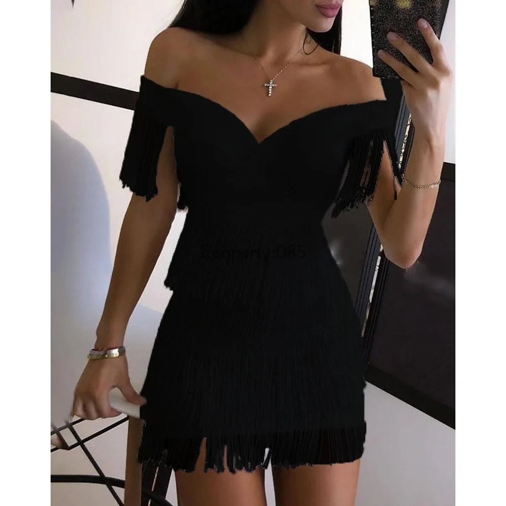 Women Evening Dresses Sexy Big V Neck One-shoulder Fringed Skirt Ladies Temperament Slim Dress Short Sleeve Club Dress Vestidos