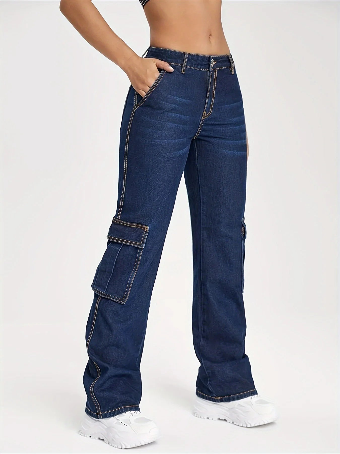 Women's American Multi Pocket Denim Cargo Pants Street Style Loose Look Slim Versatile High Waist Cowboy Pants Autumn Wnter New