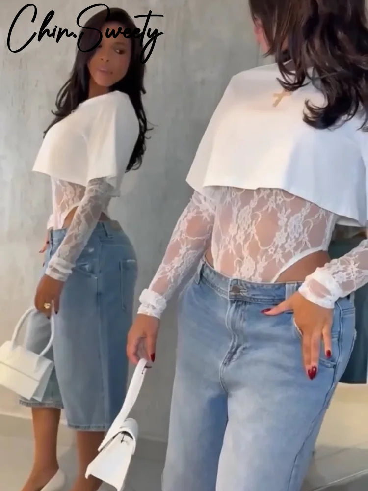 Sexy Lace See Through Jumpsuit Top Suit Women Long Sleeve O-Neck Lady Sets 2025 Summer Fall Fashion 2 Pieces Set Women New