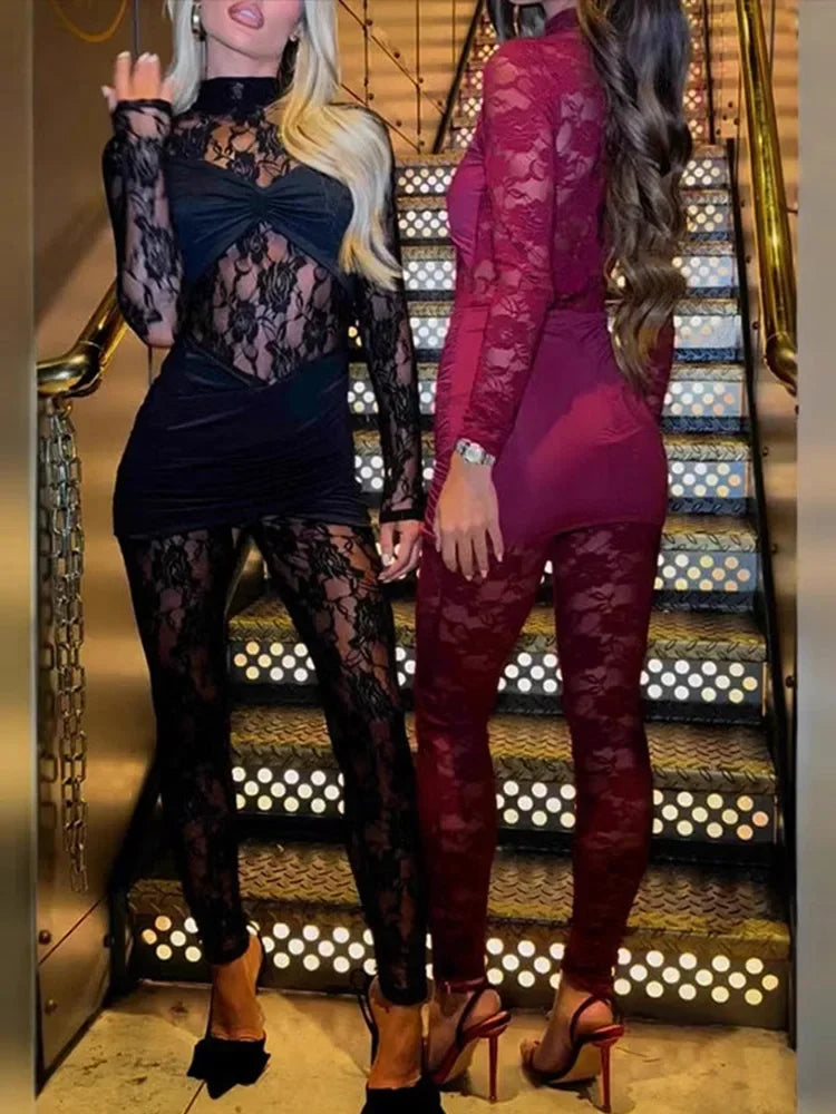 Vedere attraverso la tuta elasticizzata patchwork in rete di pizzo da donna manica lunga a vita alta sottile sexy collo alto gonna avvolgente twist party wear