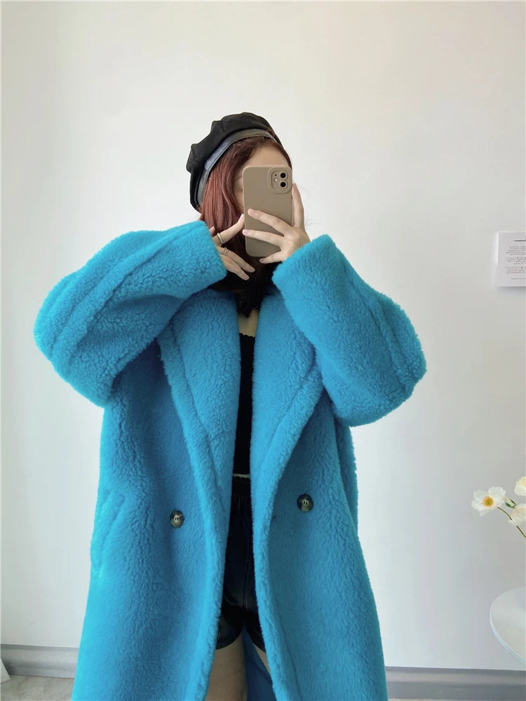 Winter Jacket Women Long Coat  Wool Woven Fabric Thick Warm