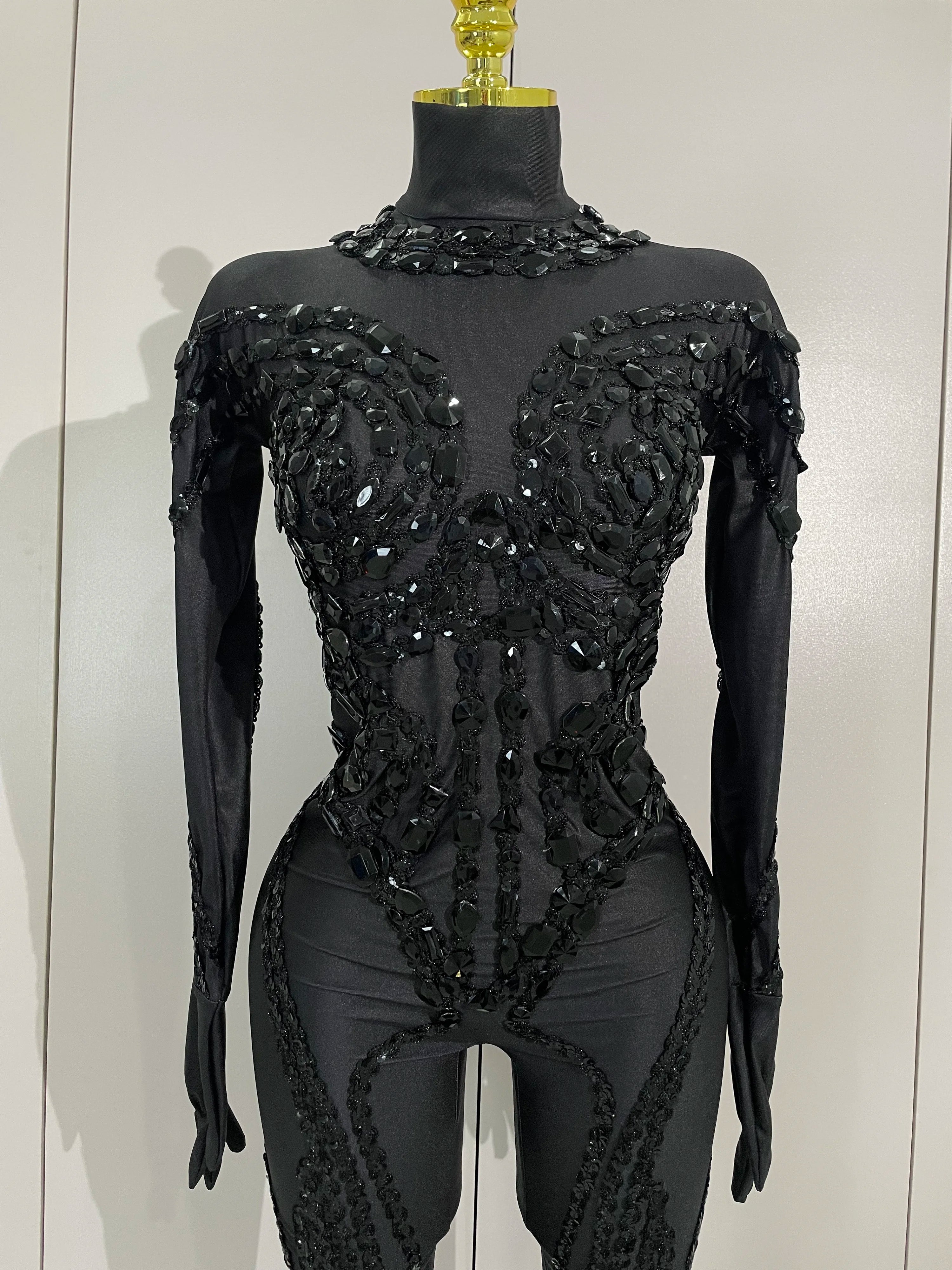 Luxury Festivals Outfit Sparkle Diamonds Sequins Black Spandex Jumpsuit Women Eveing Birthday Party NightClub Bar Stage Costume