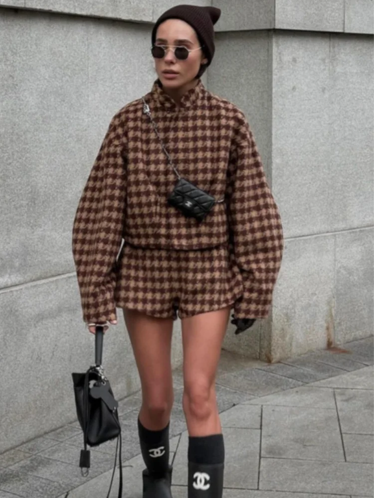 2025 Spring Retro Plaid Women Sets Casual Chic Full Sleeve Zipper Jacket High Waist Pockets Shorts NEW Lady Office Suit Commute