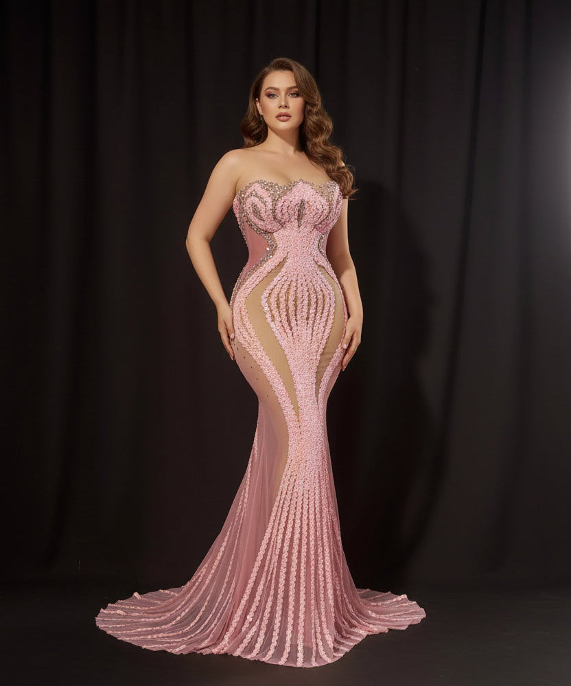Women Luxury Pink Glitter Rhinestones Sequines Transparent Maxi Long Fairy Dress
