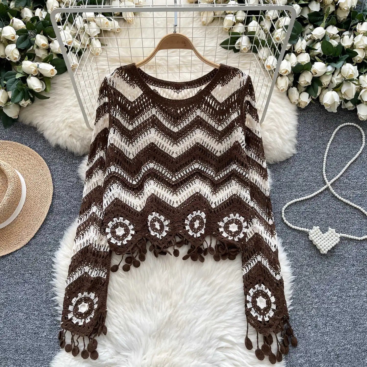 Zig Zag Crochet V-Neck Sweater for Women