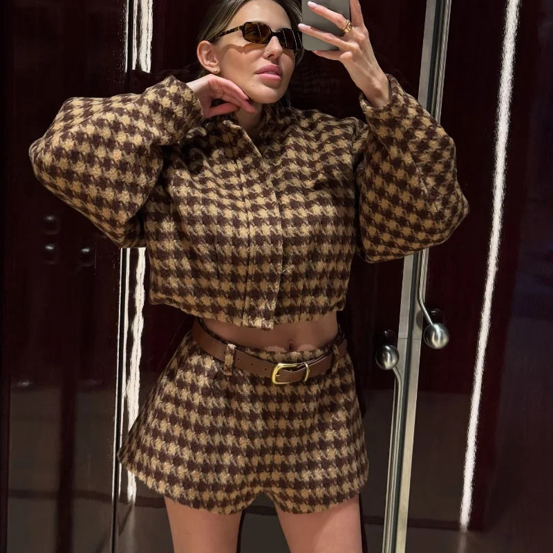 2025 Spring Retro Plaid Women Sets Casual Chic Full Sleeve