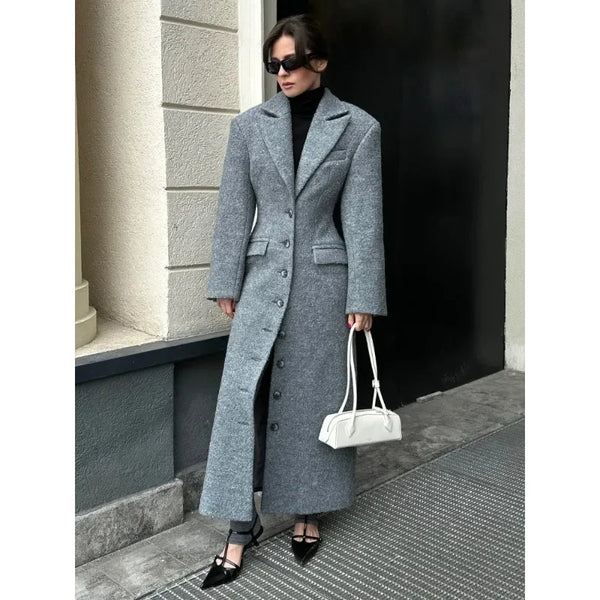 Solid Waist Cinching Woolen Blend Overcoat Women Fashion Lapel Single-breasted Shoulder Pad Coat Lady New Commuter Outerwear