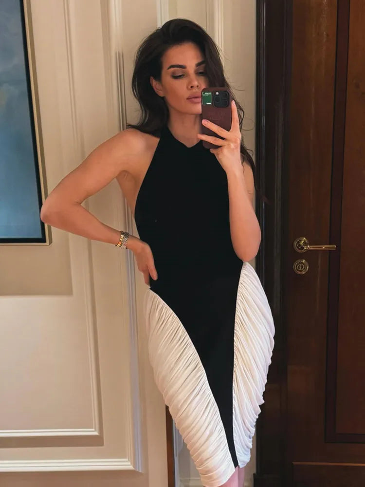 Women Celebrity Sexy Tank Patchwork Ruched Black White Summer Midi Gowns Dress 2025 Elegant Evening Party Club Vestido