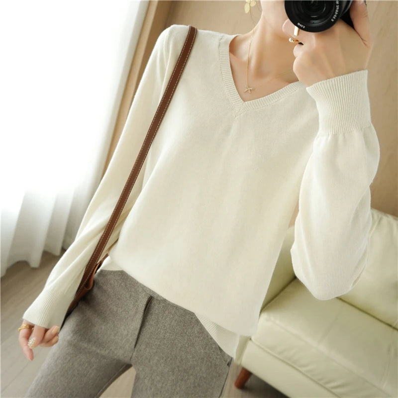 Peach V-Neck Knitted Sweater for Women