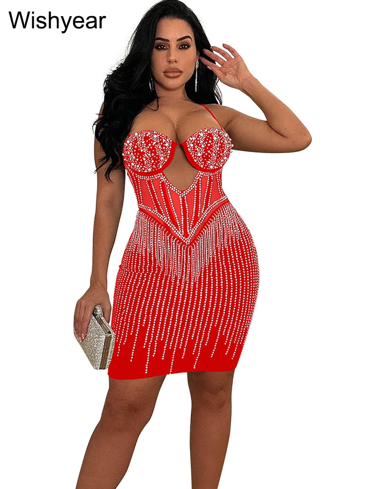 Elegant Evening Birthday Party Dresses for Women Halter Neck Mesh Patchwork Diamonds Rhinestones Prom Club Bodycon Midi Vestidos